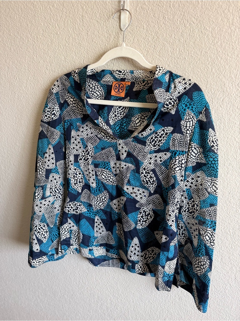 Tory Burch Blue Cotton Seashell Print Sequin Top Size 2 Coastal Grandma Summer - Picture 9 of 9
